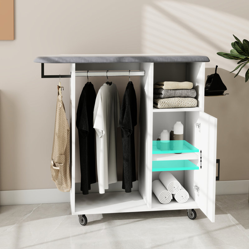 Multipurpose Rolling Ironing Cabinet With Portable Board, White For Kitchen And Cloakroom, Space - Saving E1 Cart Ideal Solution Laundry Stylish