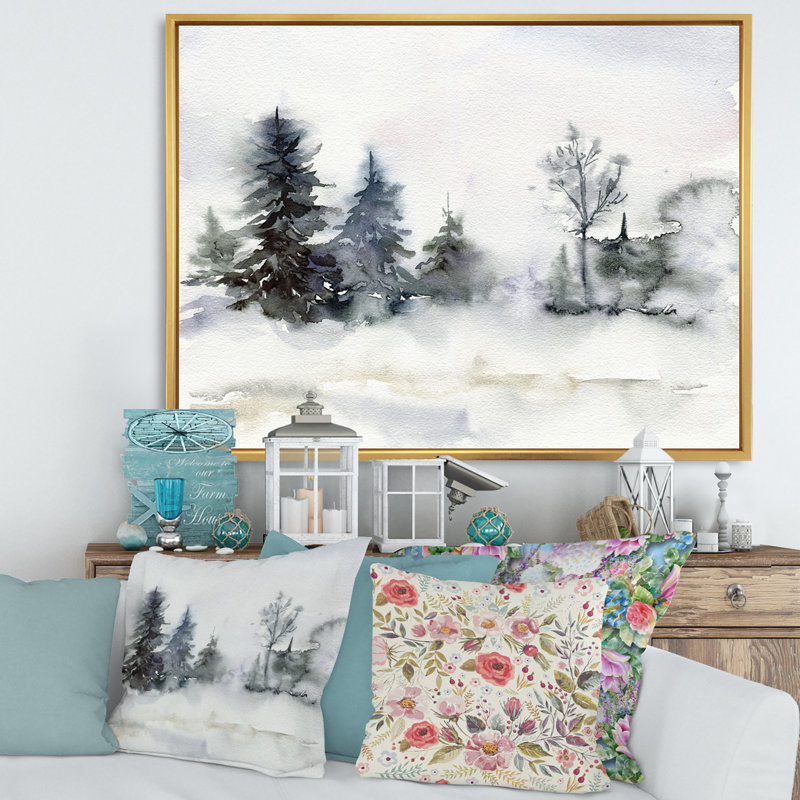 «Christmas Minimalistic Forest Landscape and Snow - Floater Frame, peinture sur toile», H 30 po x l 40 po x 1,5 po