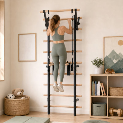 Wall Mount Swedish Ladder Home Gym Training Stall Bar with Adjustable Pull Up Dip Bars & Resistance Straps