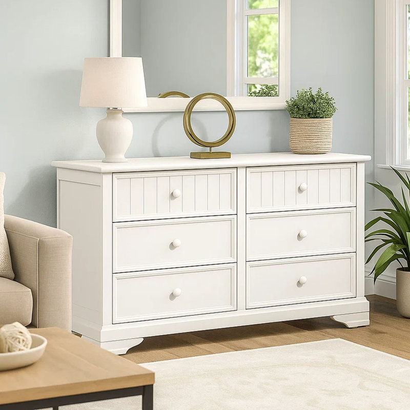 Commode large Toli, 6 tiroirs avec boutons ronds, bois franc blanc massif