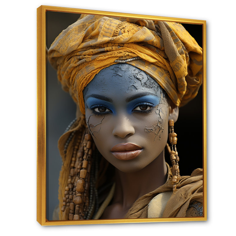 Femme jaune, portrait de mélodie touareg - art mural tribal africain, Cadre flottant doré, H 20 po x l 12 po x P 1 po