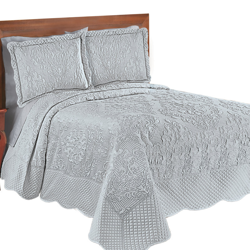 Blue Damask Textured Full Bedspread Set with Scalloped Edges