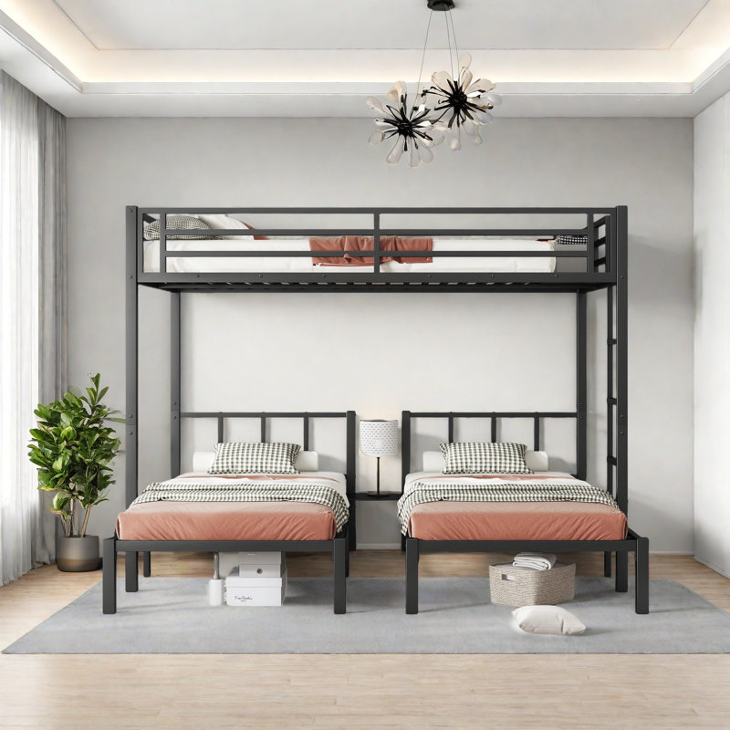 Twin Over Twin & Queen Bunk Bed, Metal Triple Bunk Bed With Safety Guardrails,Space-Saving/Noise Reduced