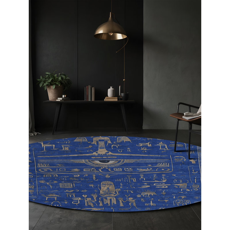 Tapis bleu soyeux et moelleux, Rond 7 pi