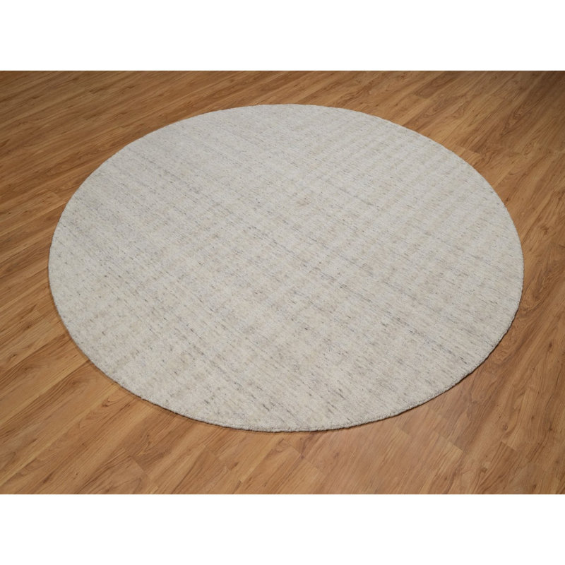 Tapis oriental blanc en mousseline de soie 8 pi x 8 pi à rayures verticales effet sel et poivre, tissé à la main, rond