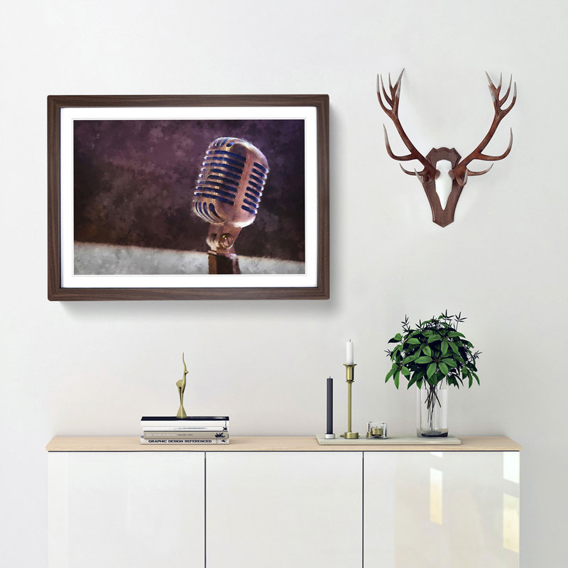 Steel Vocal Microphone - Framed Print, 45cm H x 63cm W x 2cm D, Walnut Framed