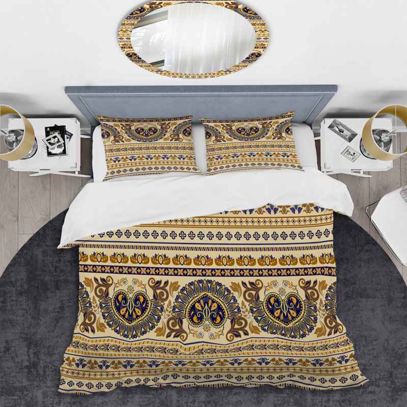 Ensemble de housse de couette abstrait rayé à motif cachemire doré et brun - Microfibre de polyester