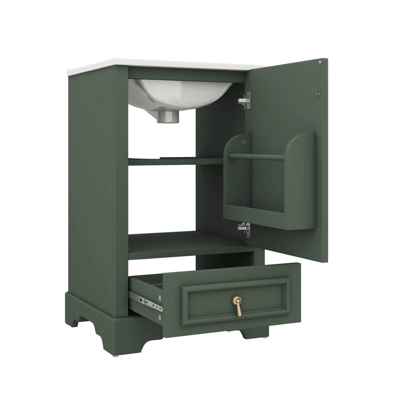 Meuble-lavabo de 20 po avec lavabo simple intégré, tablette ajustable en U, tiroir à compartiments et support de rangement fixé à la porte