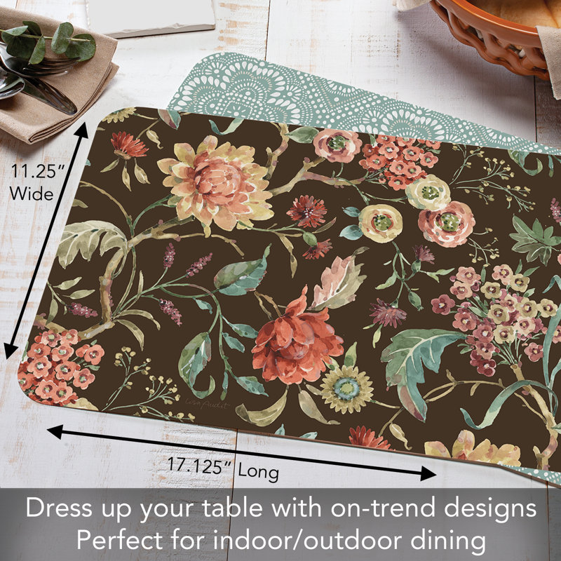 Floral and Geometric Reversible Plastic Placemats, 17" x 11"