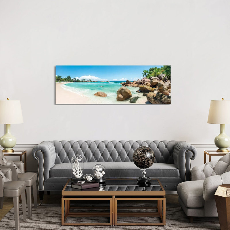 Panoramic View Of A Tropical Beach On The Island Of Praslin, Seychelles by Jan Becke - Wrapped Canvas Panoramic Print