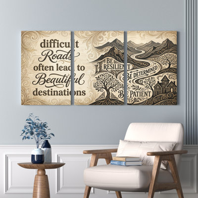 Les chemins difficiles mènent souvent à de belles destinations. Citation inspirante avec un paysage de montagne et des arbres. Ensemble de 3 toiles murales.