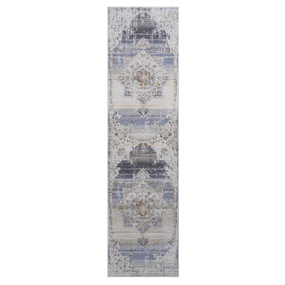 Tapis médaillon 2 x 8 crème / doré par métier à tisser - sans perte de teinture, teinture, pour salon, chambre à coucher, collection de salle à manger luxueuse