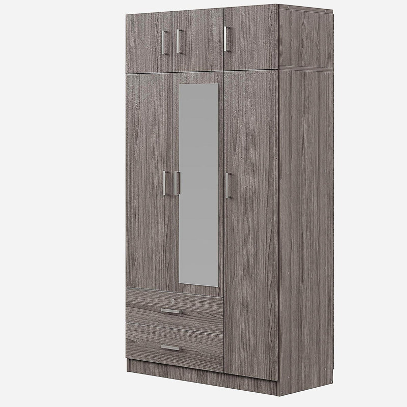 Armoire à miroir 3 portes avec 2 tiroirs et armoire supérieure, gris