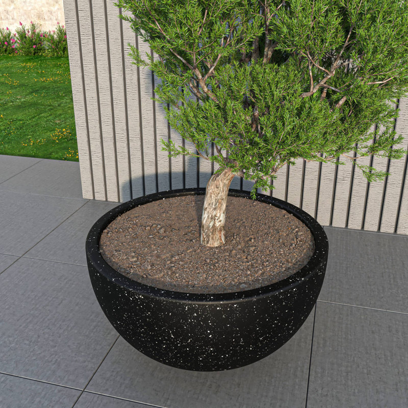 Trevonna Round Bowl-Shaped Fiberstone Planter Handmade MGO Clay Plant Pot with Drainage Holes for Indoor & Outdoor Use, Black