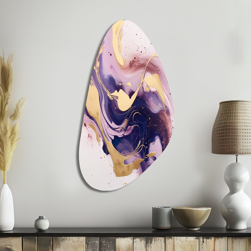 "Mauve et or" I - fractales, décoration murale en métal de forme irrégulière, impression d'art asymétrique mauve en métal