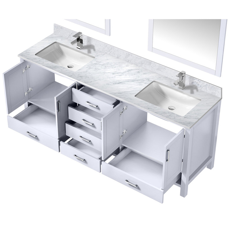 Meuble-lavabo double l 80 po x P 22 po, comptoir en marbre de Carrare, ensemble de robinet et miroirs de 30 po, Blanc