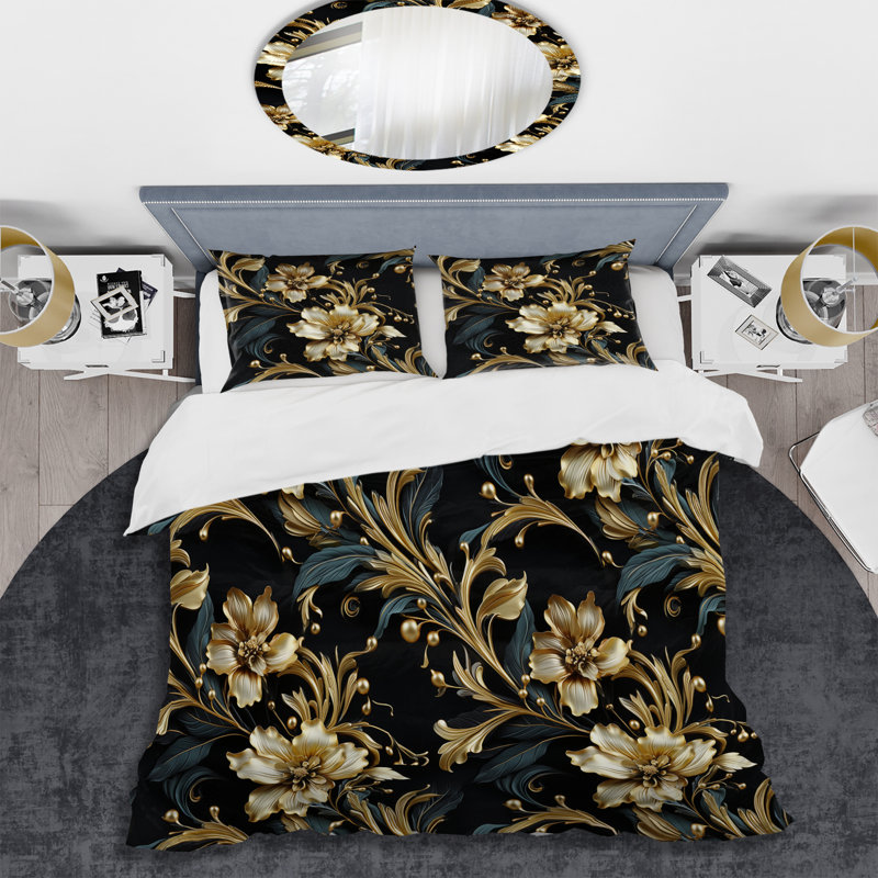 Ensemble de housse de couette damassé Gold Royal Flower Gardens Serenity, Housse de couette pour très grand lit et 2 très
