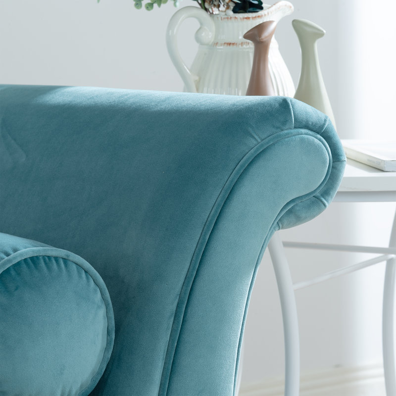 Chaise longue en velours avec accoudoirs à volutes et coussin incurvé, Bleu aqua, Noir