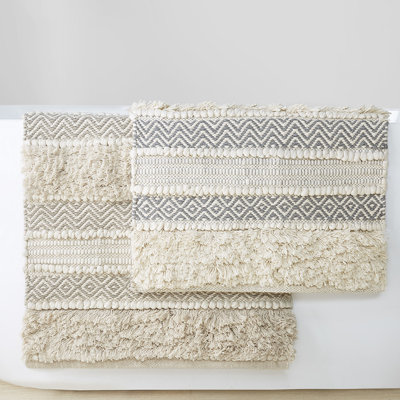 20X32" Bath Rug In Natural, Woven Stripe Texture, Non-Skid Backing, Machine Washable, Soft Shaggy Texture 20X32", Natural Color, Textured, Style