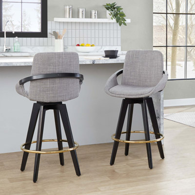 Tabouret de comptoir à hauteur fixe avec pivot en bois noir et similicuir avec repose-pieds arrondi en métal - ensemble de 2