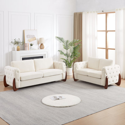 Beige 2-Piece Button-Tufted Velvet Sofa and Loveseat Set with Brown Rubberwood Legs