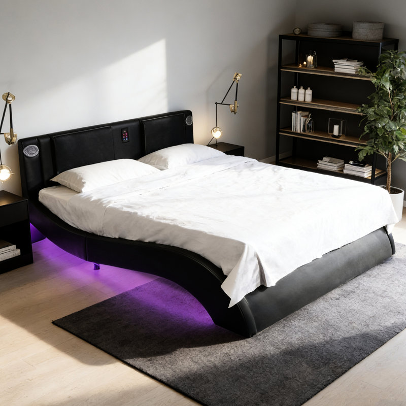 Structure de grand lit avec revêtement en similicuir, lumières DEL, connexion et massage par vibration, plateforme, musique, atmosphère