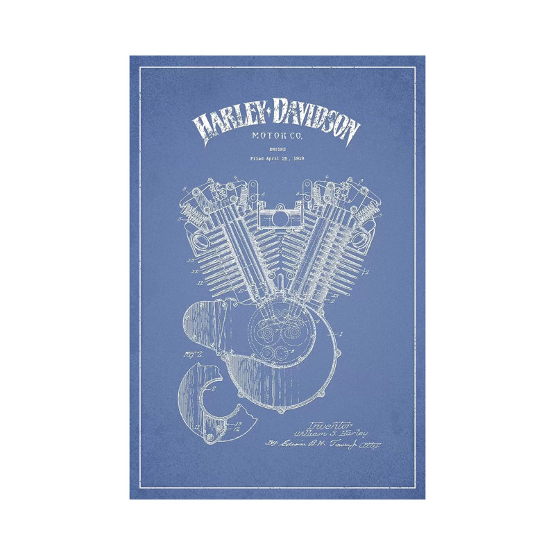 Harley-Davidson Motorcycles Engine (Light Blue) by Aged Pixel - Wrapped Canvas Print, 20.32 cm H x 30.48 cm W