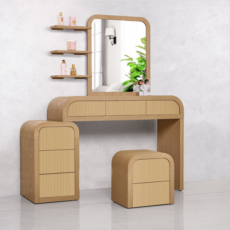  Ensemble de coiffeuse en bois de pin cannelé avec tabouret et tablettes flottantes