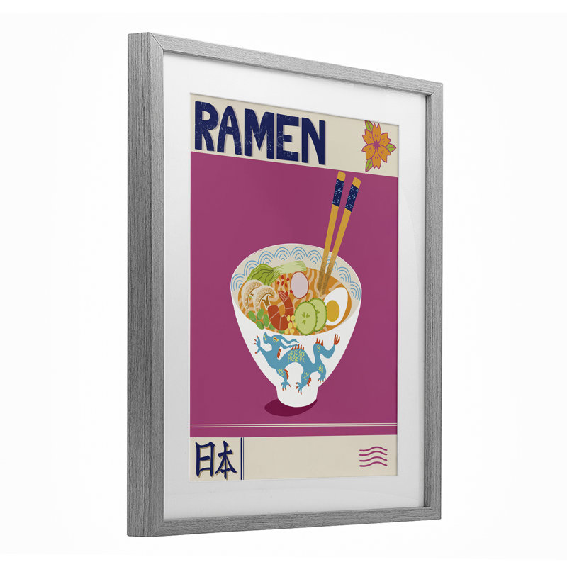Ramen japonais enchanté, reproduction sous verre, conception par Jo Reid, H 21 po x l 17 po, Cadre de ferme gris
