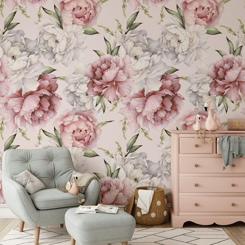 Papier peint floral pivoine rosée sur fond crème clair, L 50 po x l 75 po