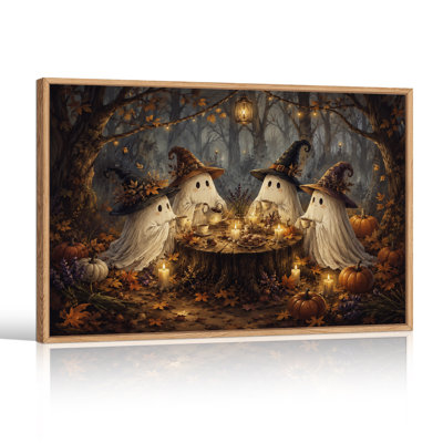 Quatre fantômes en chapeaux de sorcière buvant du thé en automne, art mural d'Halloween