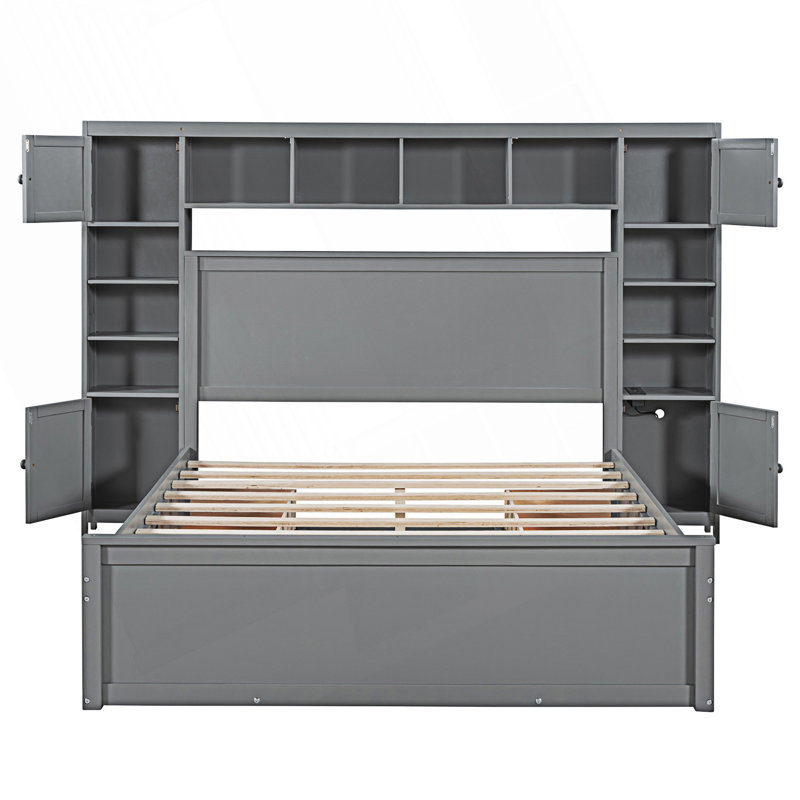 Lit plateforme avec tête de lit bibliothèque Arnitha, Gris, Grand