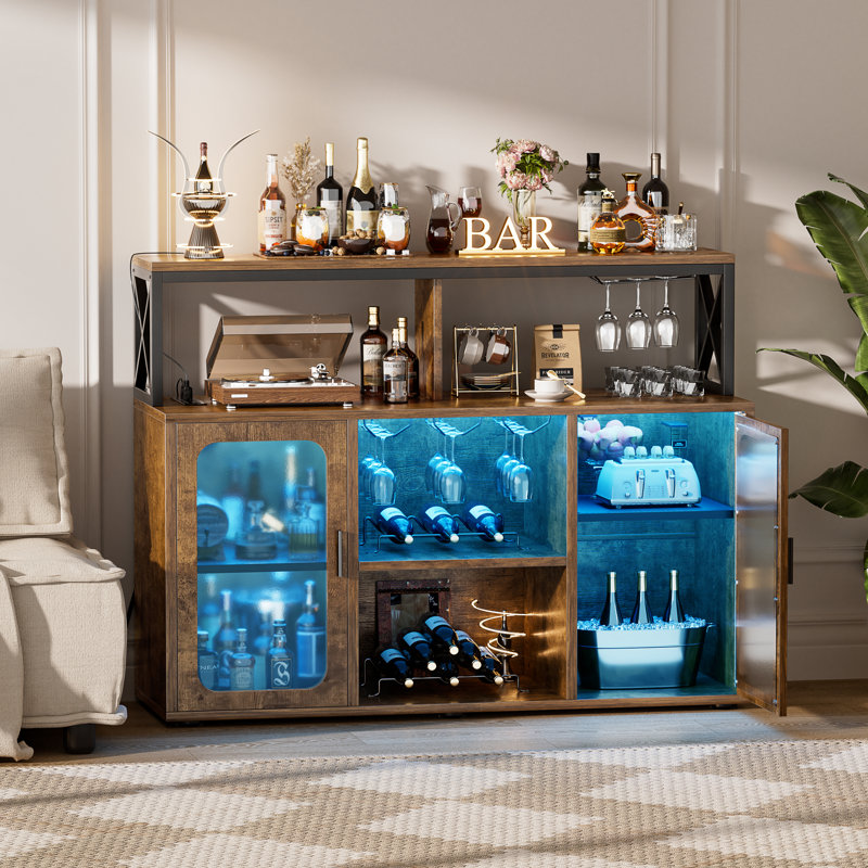 Asrf 47'' Wine Bar,Storage Buffet Cabinet Coffee Bar Cabinet For Liquor,Wine Cabinet With Racks with LEDs, Brown
