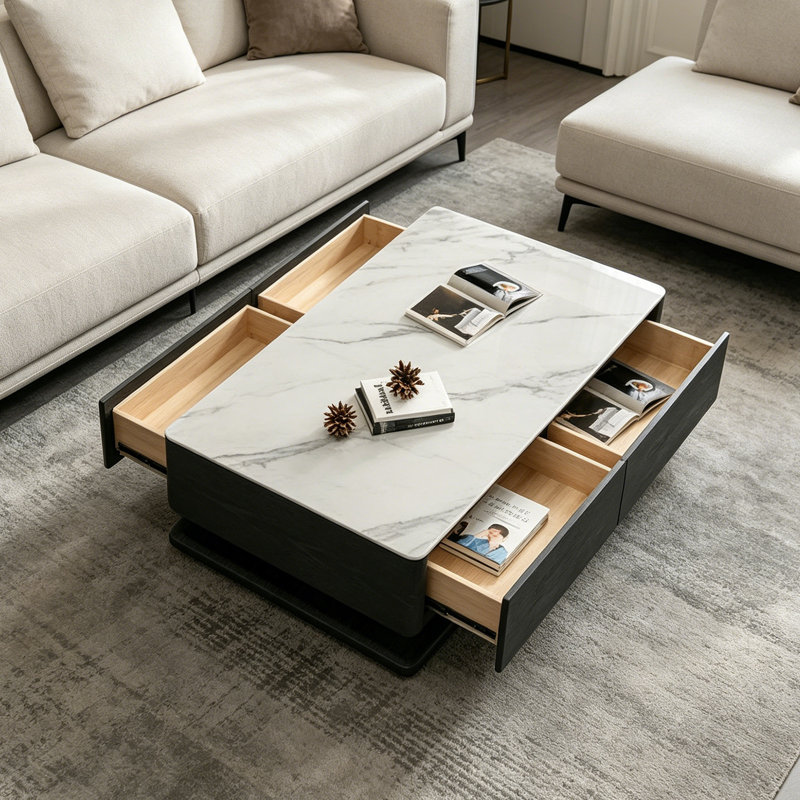 Table basse de rangement rectangulaire sur pied, Blanc / gris clair, H 16,92 po x L 55,11 po x l 31,49 po