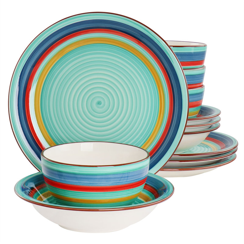 Service de table 12 pièces en grès multicolore vert