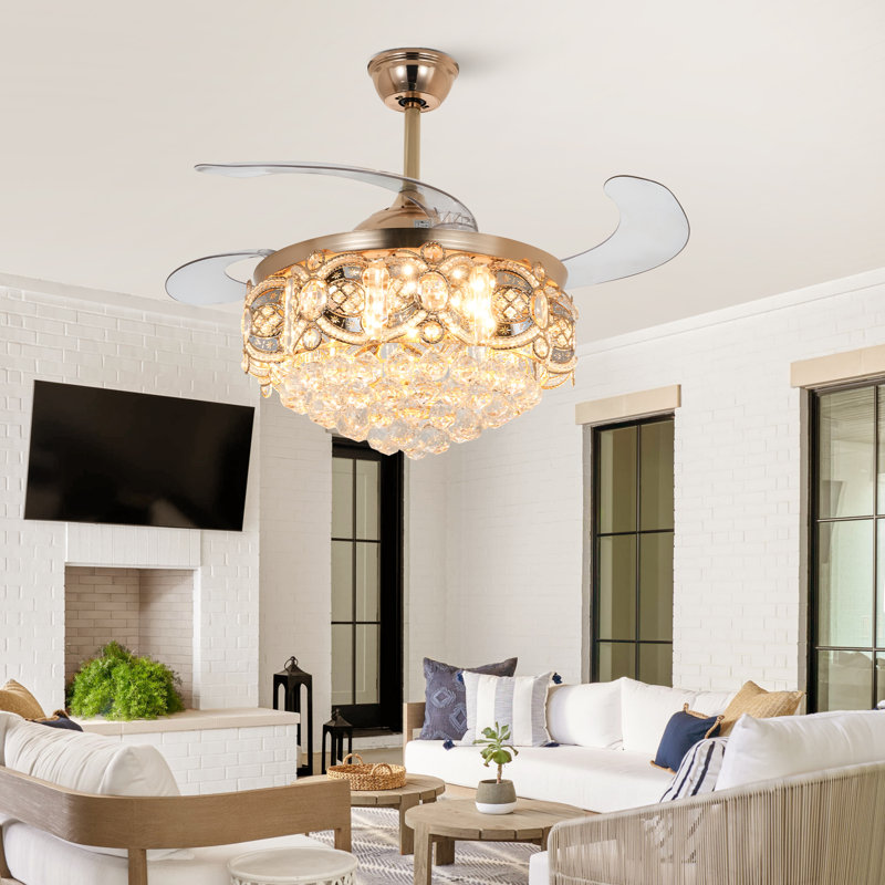 Dreux Modern Crystal Ceiling Fan with LED Bulbs and Remote Control , Gold, 43.3" x 19.7"