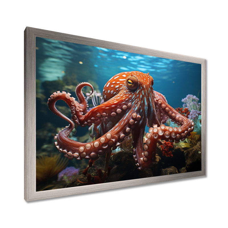 The Graceful Octopus - Décoration murale pieuvre, H 16 po x l 32 po x P 1 po, Cadre simple argenté