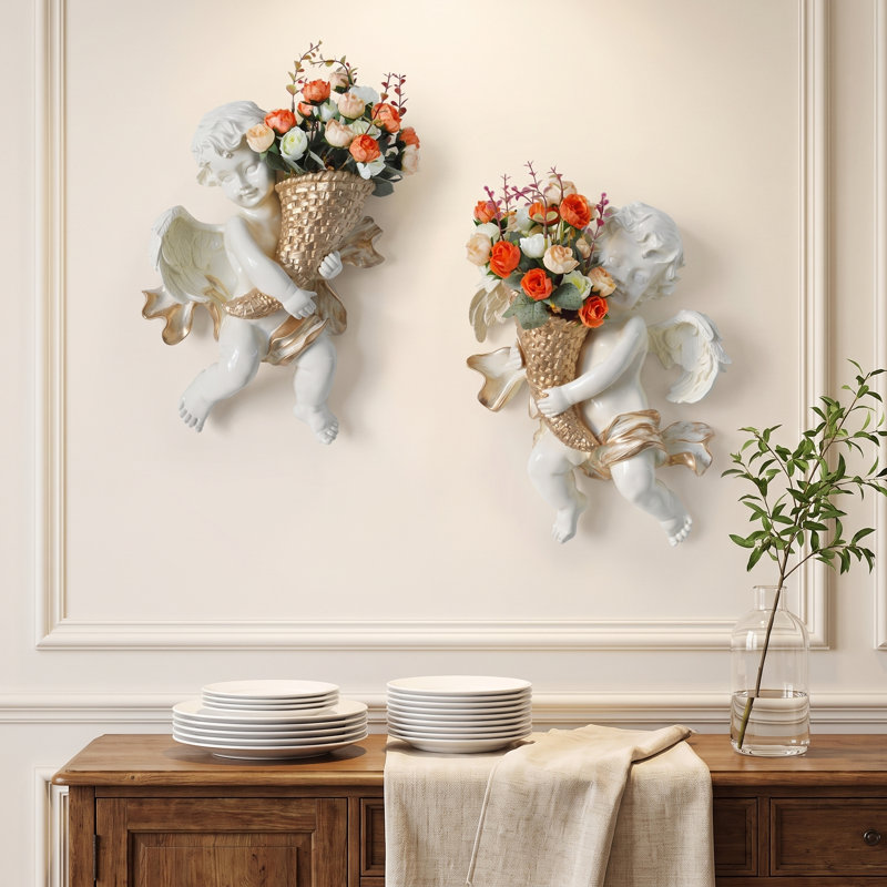 Ensemble de décoration murale 3D en résine ange - Sculptures de chérubins fabriquées à la main avec corne d'abondance dorée, art rétro pour le salon, la salle à manger et le café