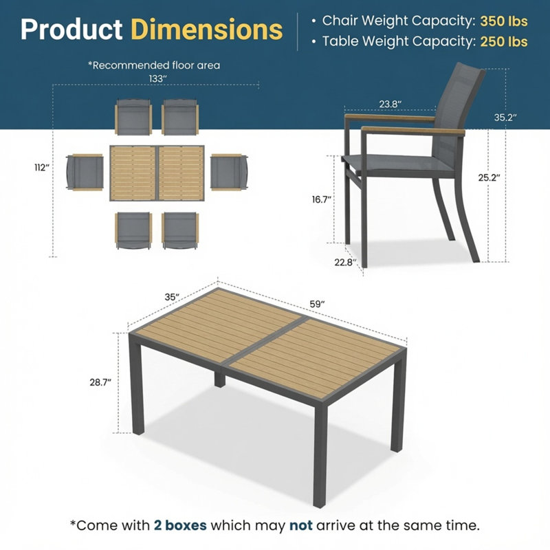 Ensemble de salle à manger de patio en aluminium 5 pièces avec chaises en textilène