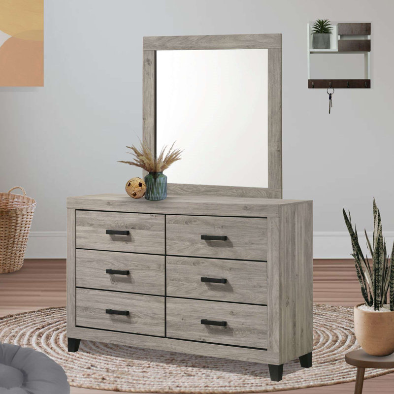 Commode 6 tiroirs gris clair avec miroir
