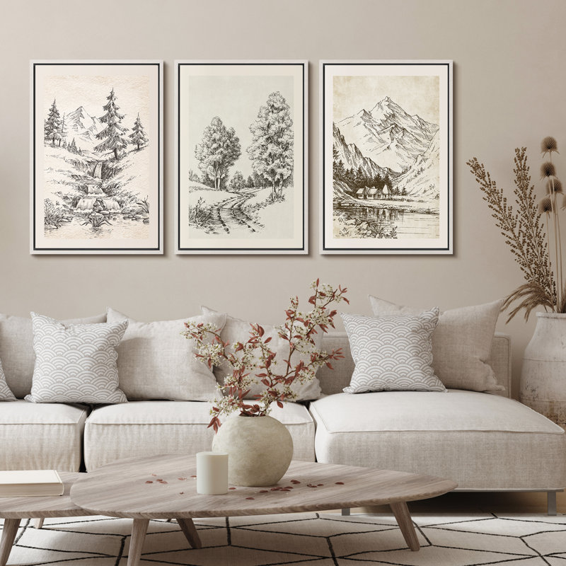 «Vintage Countryside Forest Mountain River Nature Landscape», art mural sur toile 3 pièces, H 36 po x l 24 po x P 1,5 po