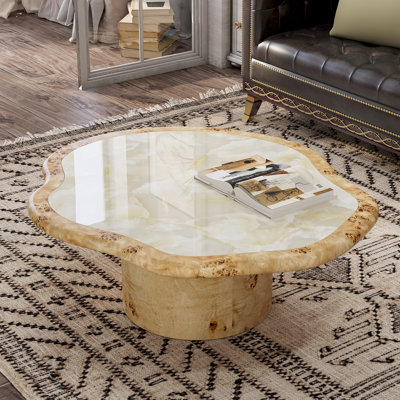 35.4" Organic Irregular Coffee Table, Burl Wood Grain Frame with Glossy Super‑Crystal Stone Tabletop, Round Cylindrical Pedestal Base, Modern Accent Center Table for Living Room