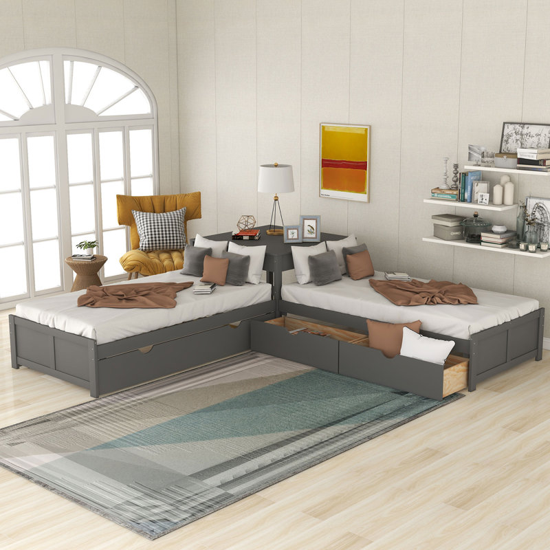 Lit plateforme en L avec bureau intégré, lit gigogne et tiroirs de rangement, Gray