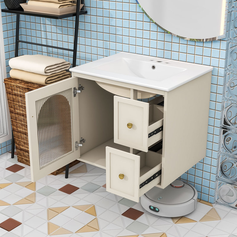 Meuble-lavabo mural 24 po avec lavabo en céramique, armoire de porte en verre et 2 tiroirs 24 po, Beige