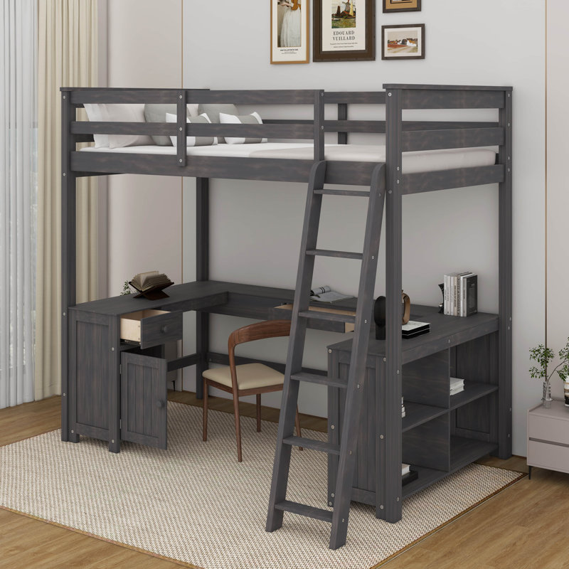 Lit mezzanine simple avec bureau, tiroirs et tablettes