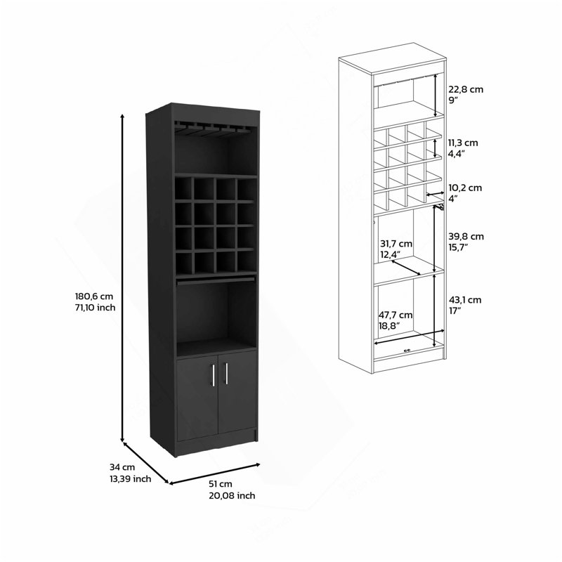 Armoire de bar Kava, 16 porte-bouteilles encastrés, armoire à deux portes, deux tablettes, noir, Noir