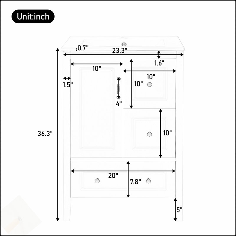 Meuble-lavabo de 24 po avec lavabo, armoires à fermeture douce et tiroirs, poignées en métal rétro, fabrication en panneau de fibres à densité moyenne durable