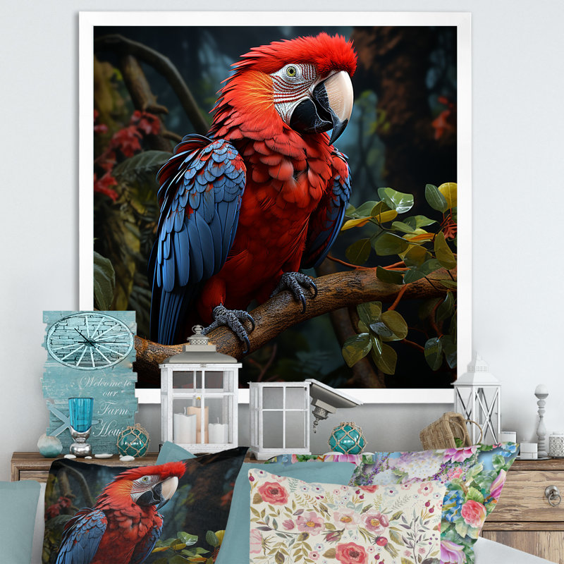 «Crimson Elegance Tropical Parrot I», art mural sur toile, Cadre flottant noir, H 36 po x l 36 po