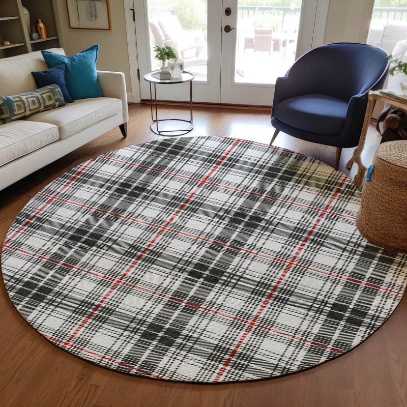 Black and White Round Plaid Synthetic Washable Rug 8'