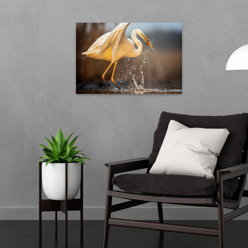 Egret Catches Fish Serene Contemporary Bird Fish Nature Wildlife Wall Art Print 1 Piece Wrapped Canvas Wall Art